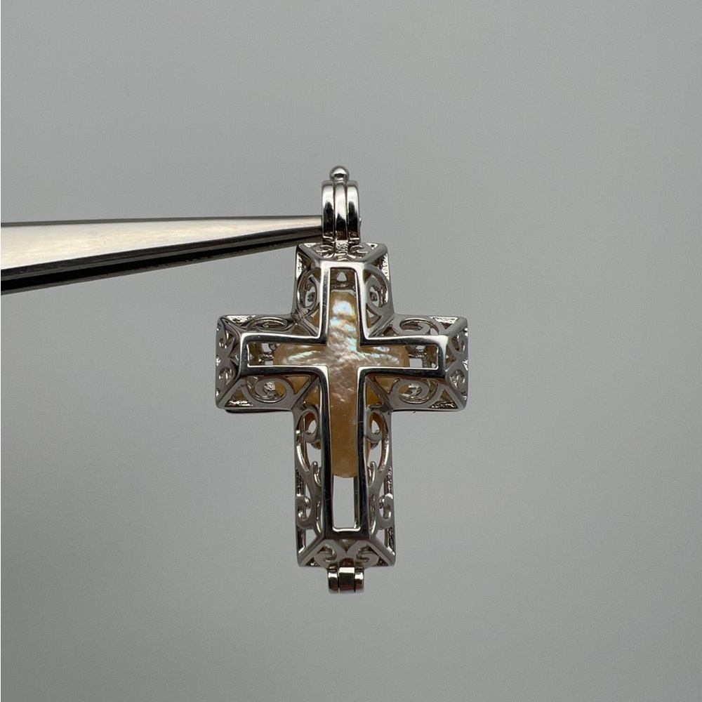 Silver and Cream Cross Pearl Cage Pendant